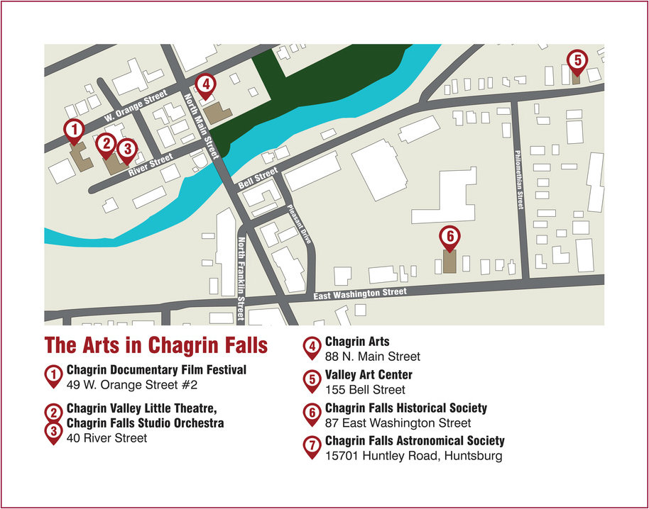The Arts in Chagrin Falls map locates seven nonprofit organizations